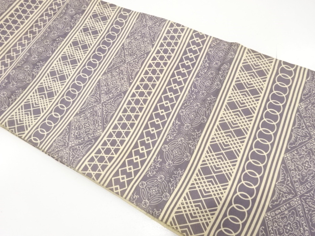 JAPANESE KIMONO / ANTIQUE FUKURO OBI / SILK / WOVEN STRIPE & FLORAL RHOMBUS & SHIPPO